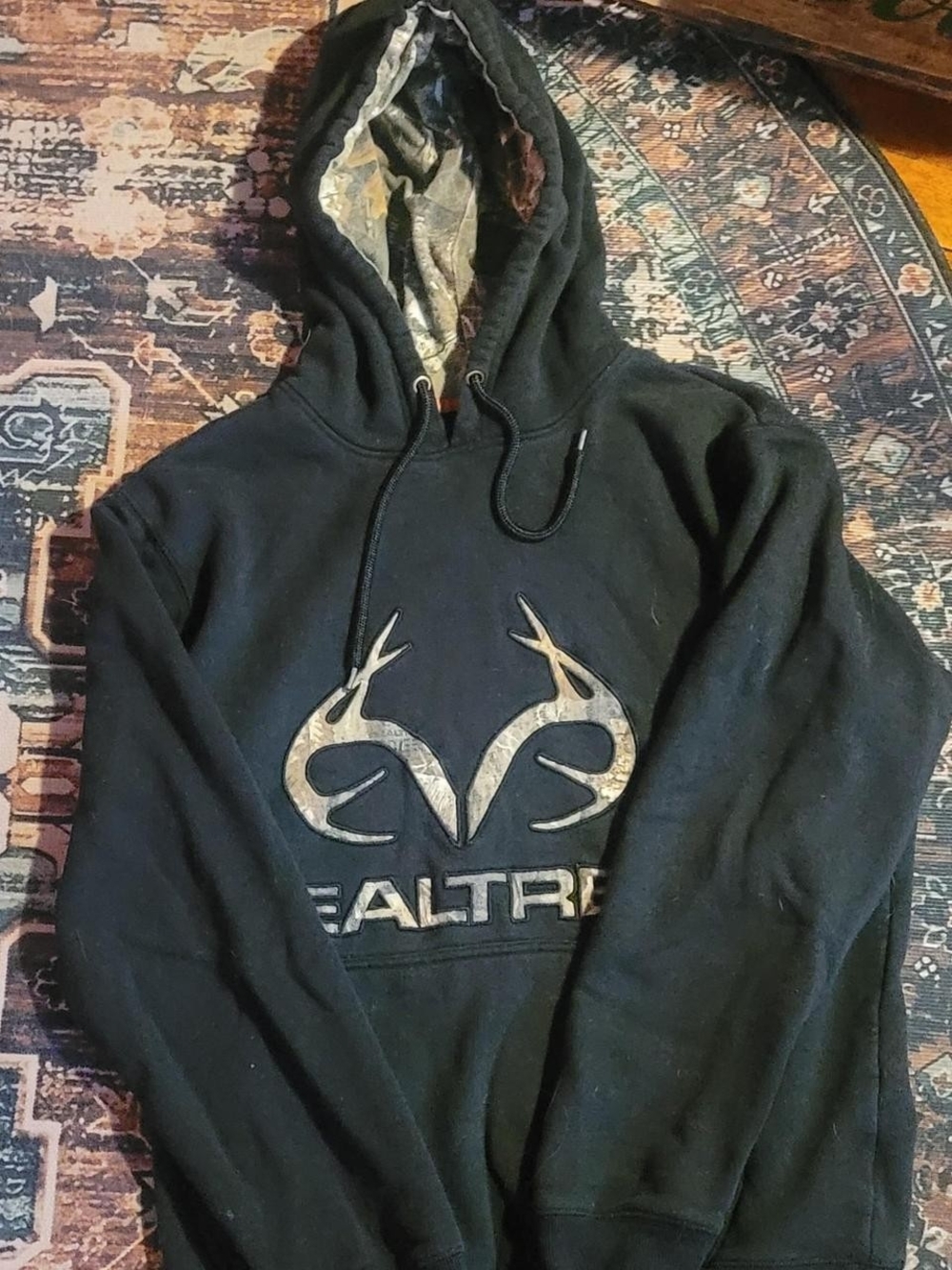 Realtree Black Hoodie with Camo Logo and Hood Lining